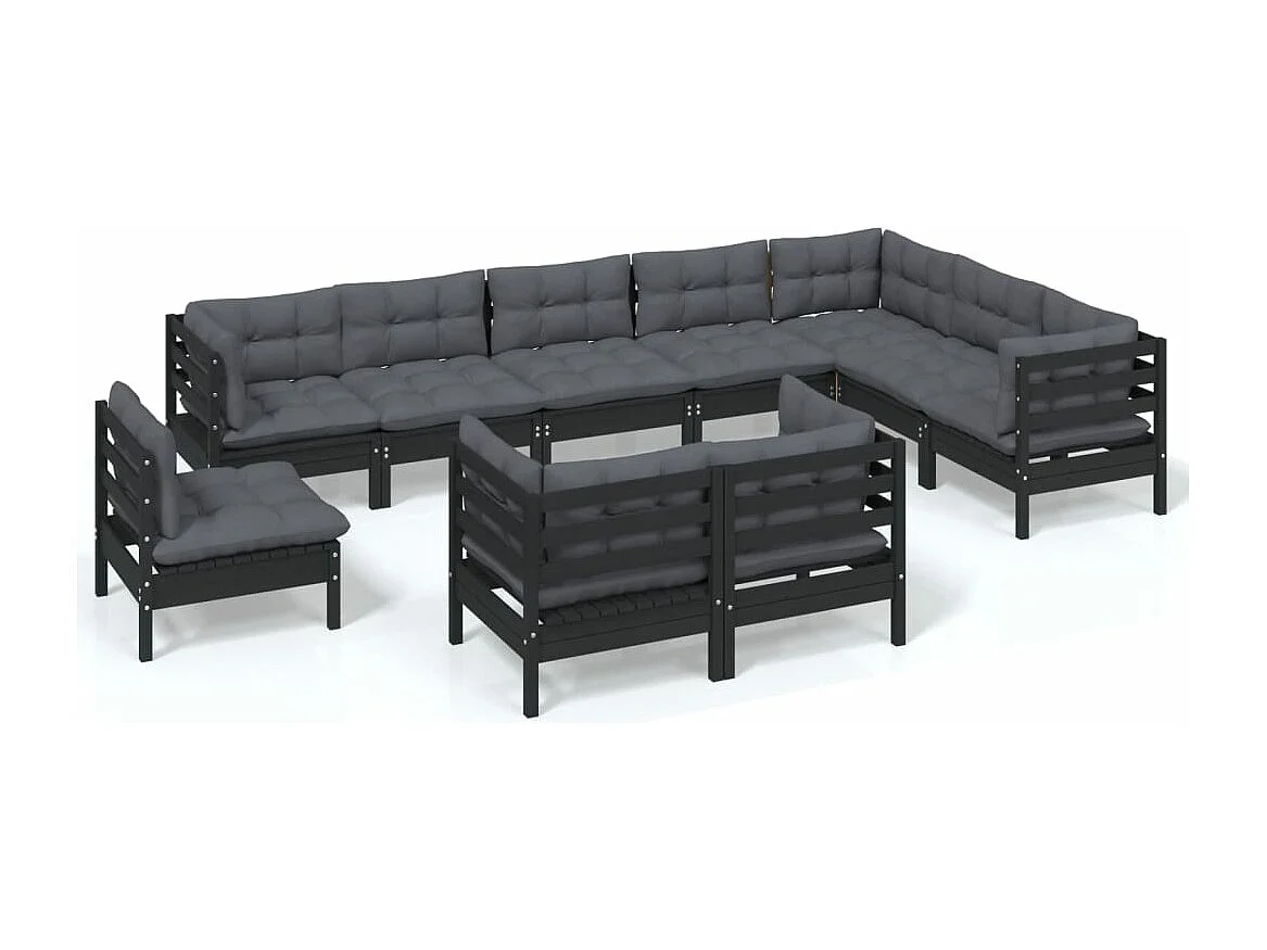 10 pcs conjunto lounge jardim c/ almofadões pinho maciço preto