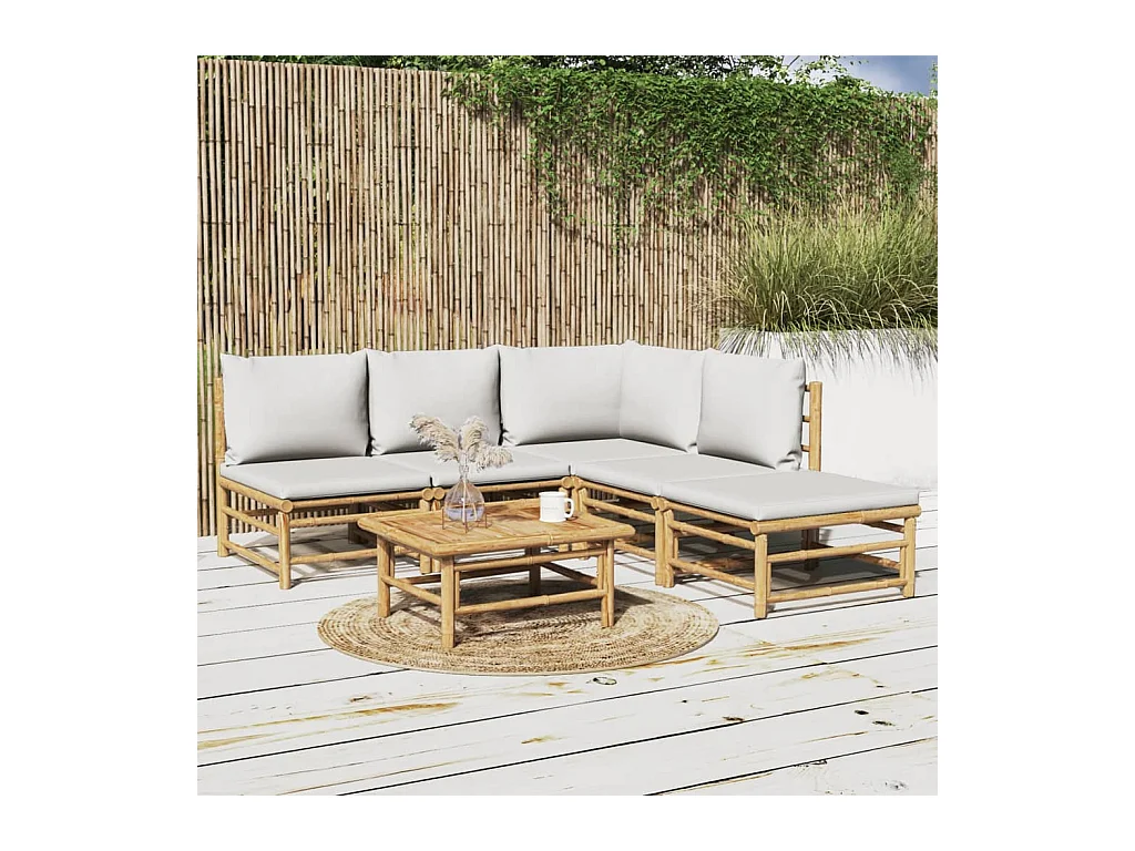 Salon de jardin 6 pcs avec coussins gris clair bambou