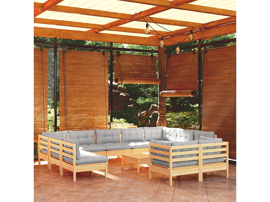 12-tlg. Garten-Lounge-Set mit Grauen Kissen Kiefer Massivholz