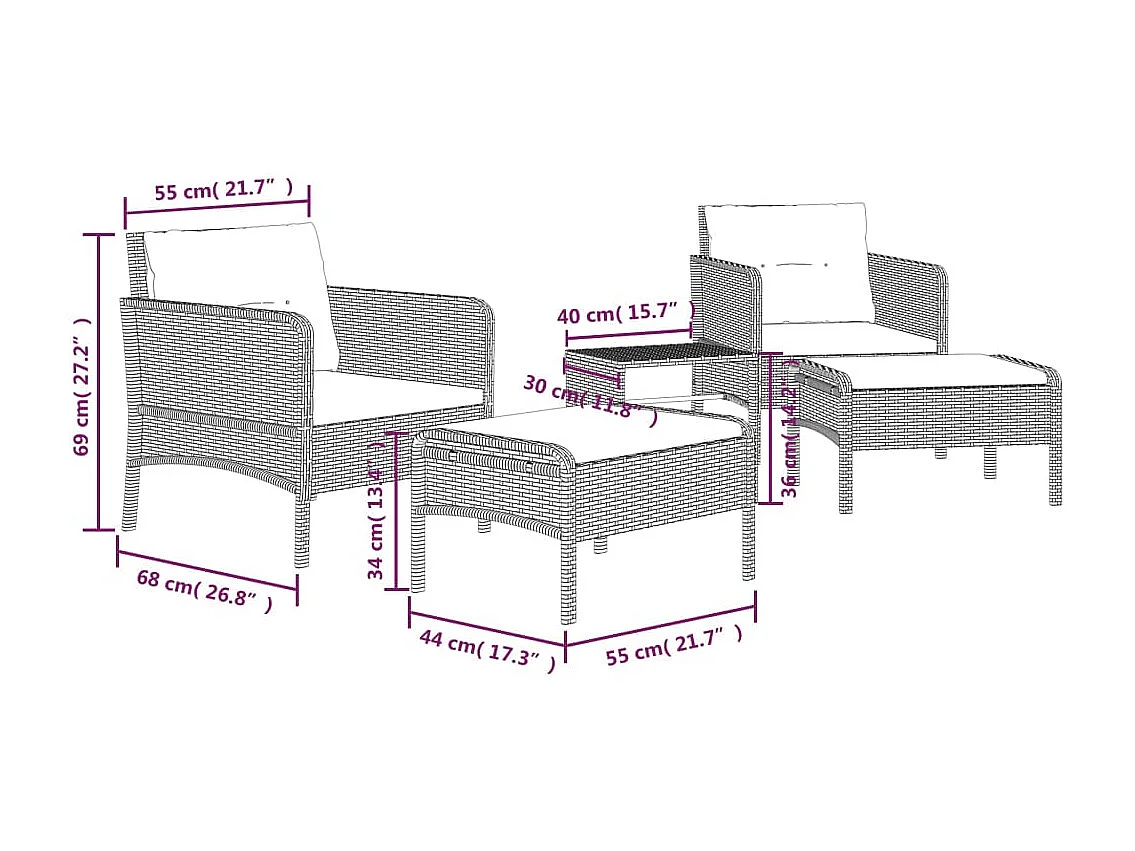 Set de muebles de jardín 5 pzas y cojines ratán sintético negro