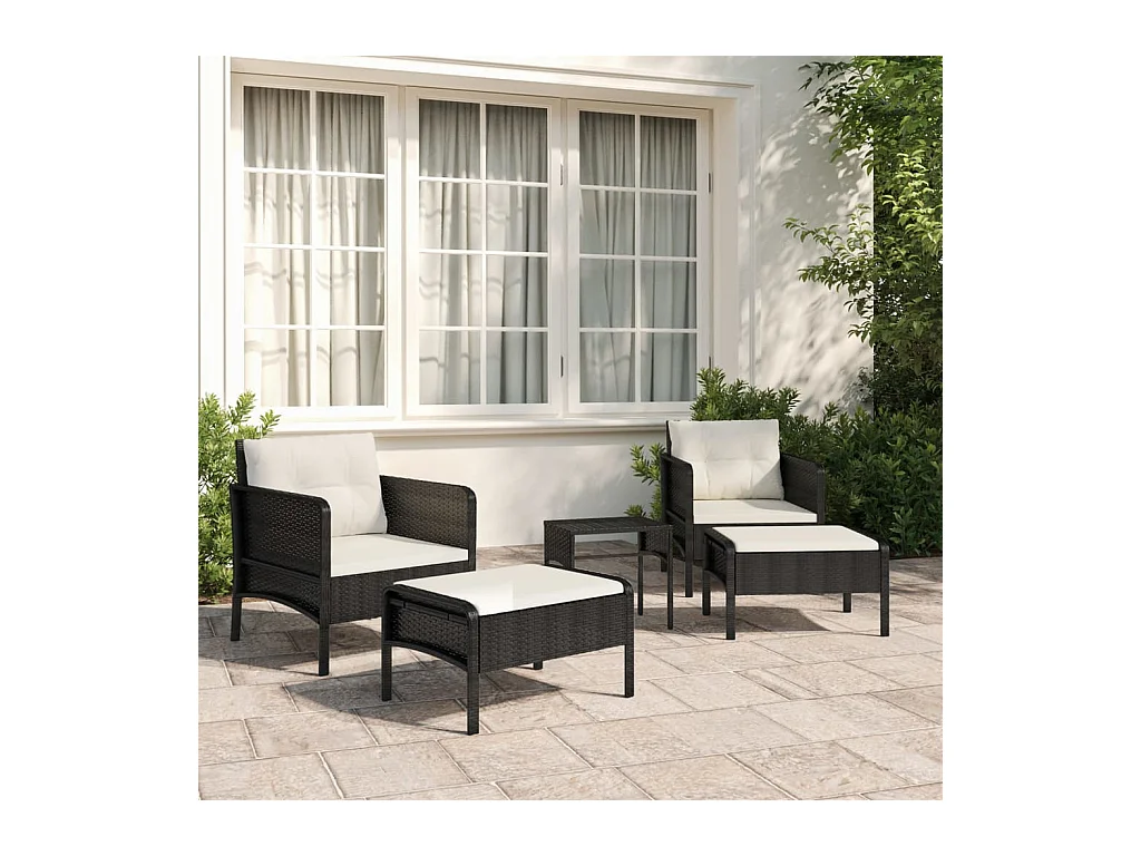 5-delige Loungeset met kussens poly rattan zwart