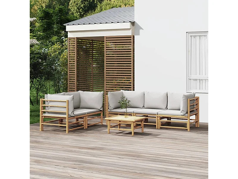 6-tlg. Garten-Lounge-Set mit Hellgrauen Kissen Bambus