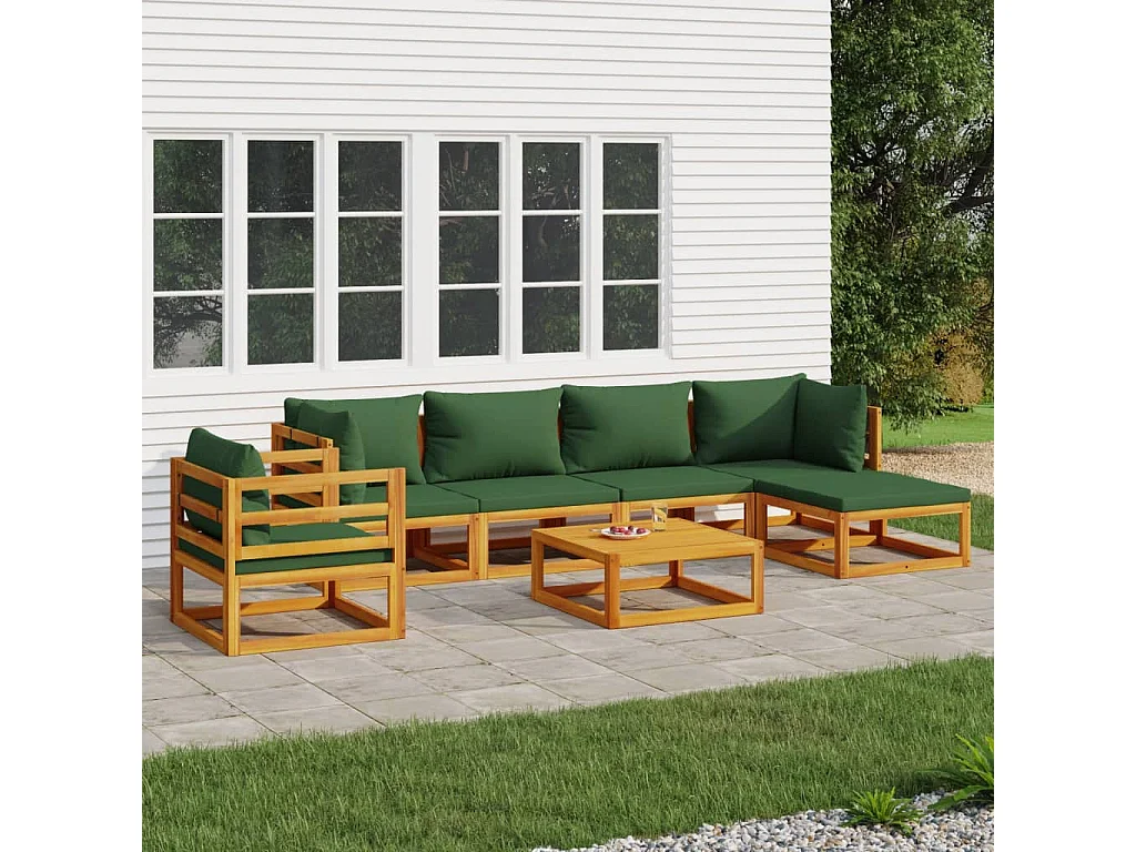 7-tlg. Garten-Lounge-Set mit Grünen Kissen Massivholz