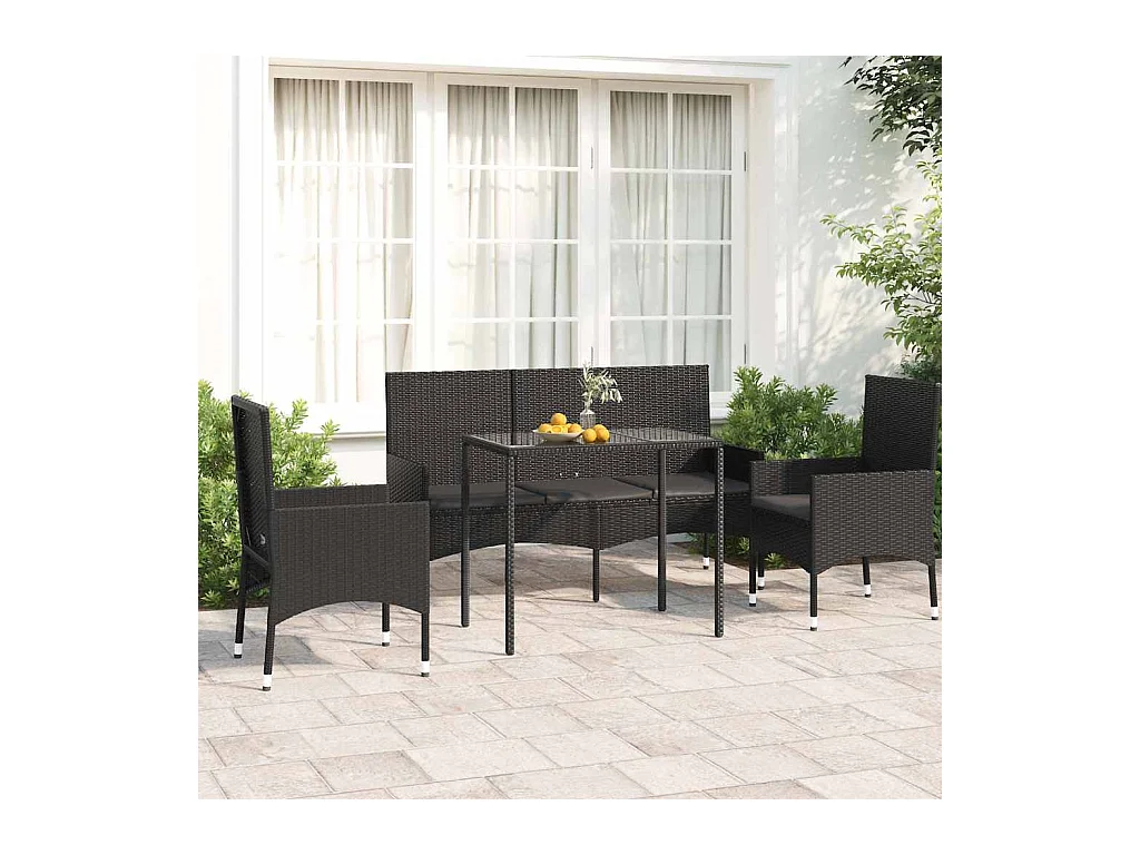 Salon de jardin 4 pcs avec coussins Noir Résine tressée