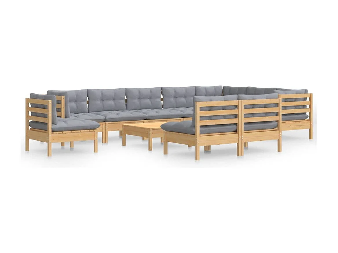 Set Divani da Giardino 11 pz con Cuscini Grigi Massello di Pino
