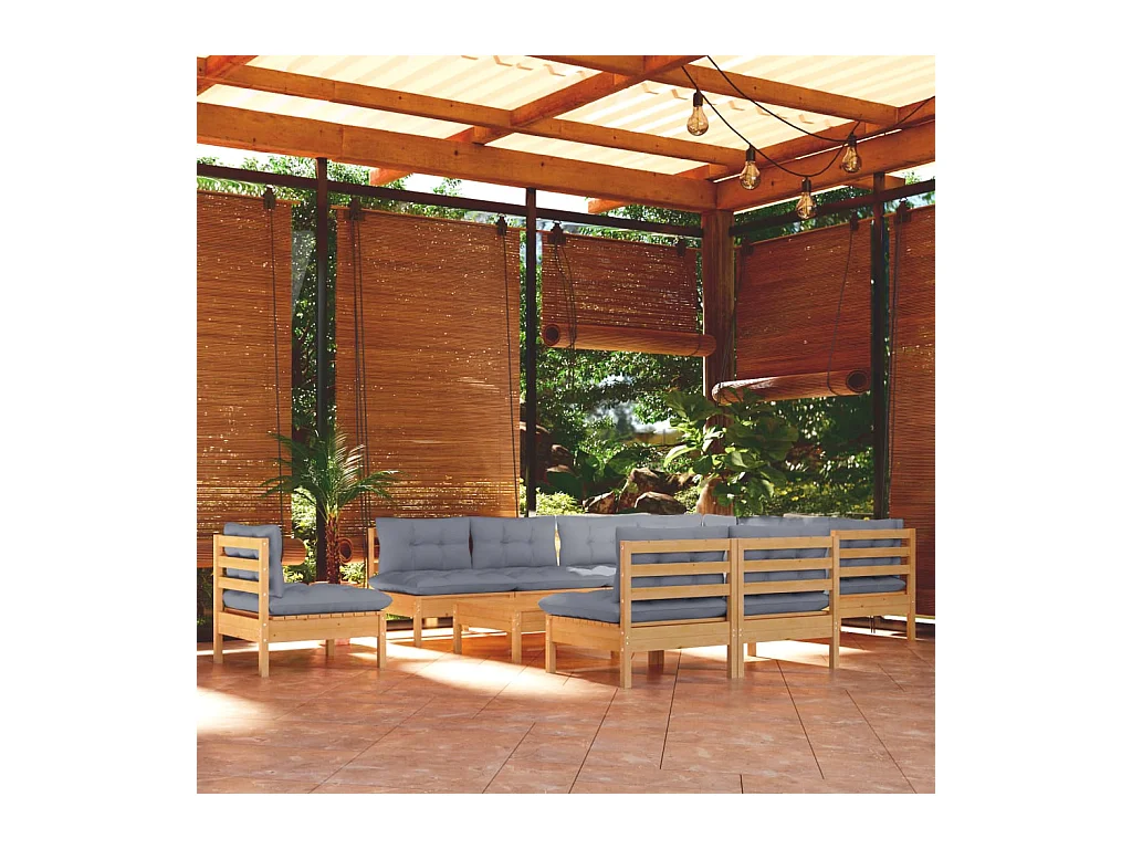 Salon de jardin 11 pcs avec coussins gris Bois de pin solide