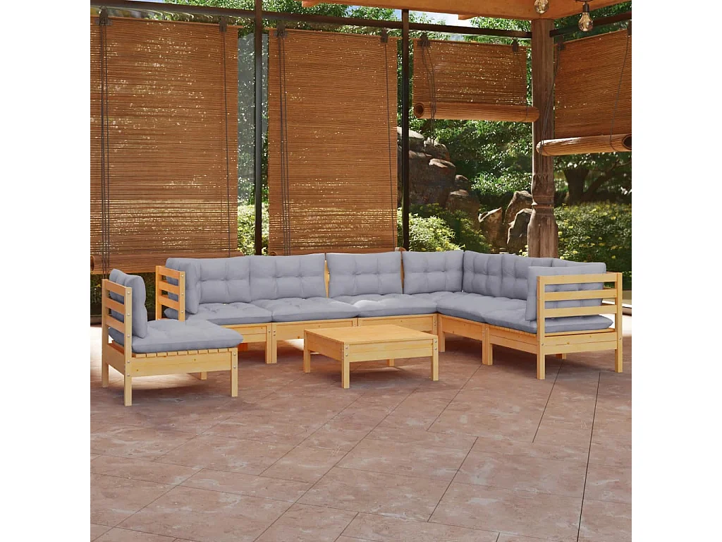 Salon de jardin 8 pcs avec coussins gris Bois de pin massif