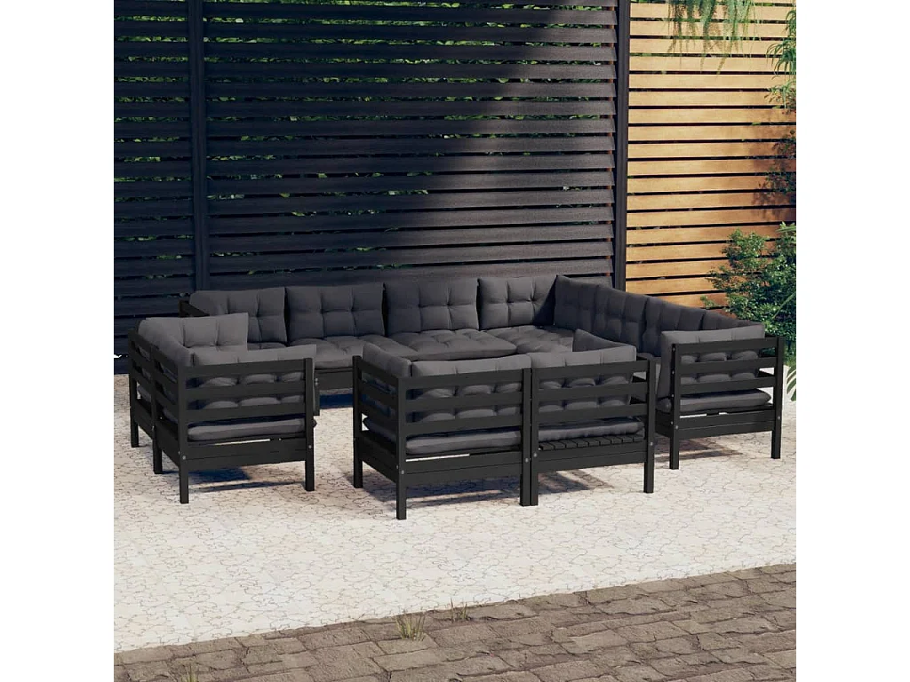 Set Divani da Giardino 11 pz con Cuscini Neri Massello di Pino