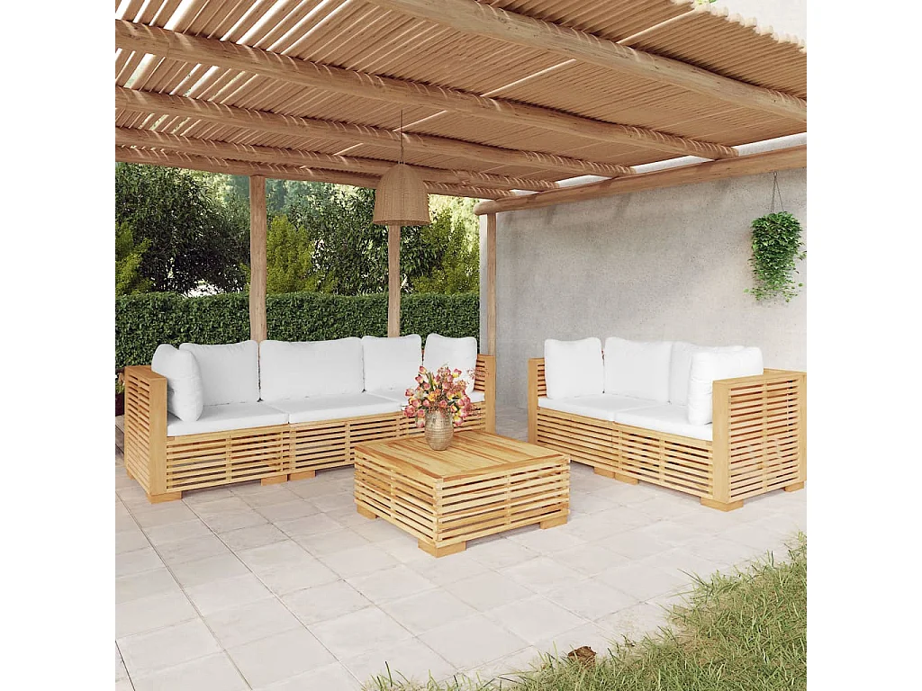 Salon de jardin 6 pcs avec coussins Bois de teck solide