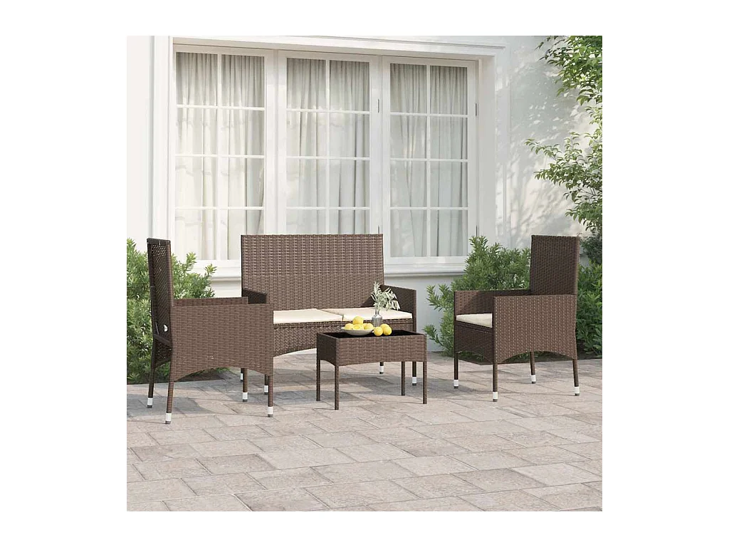 Salon de jardin 4 pcs avec coussins Marron Résine tressée
