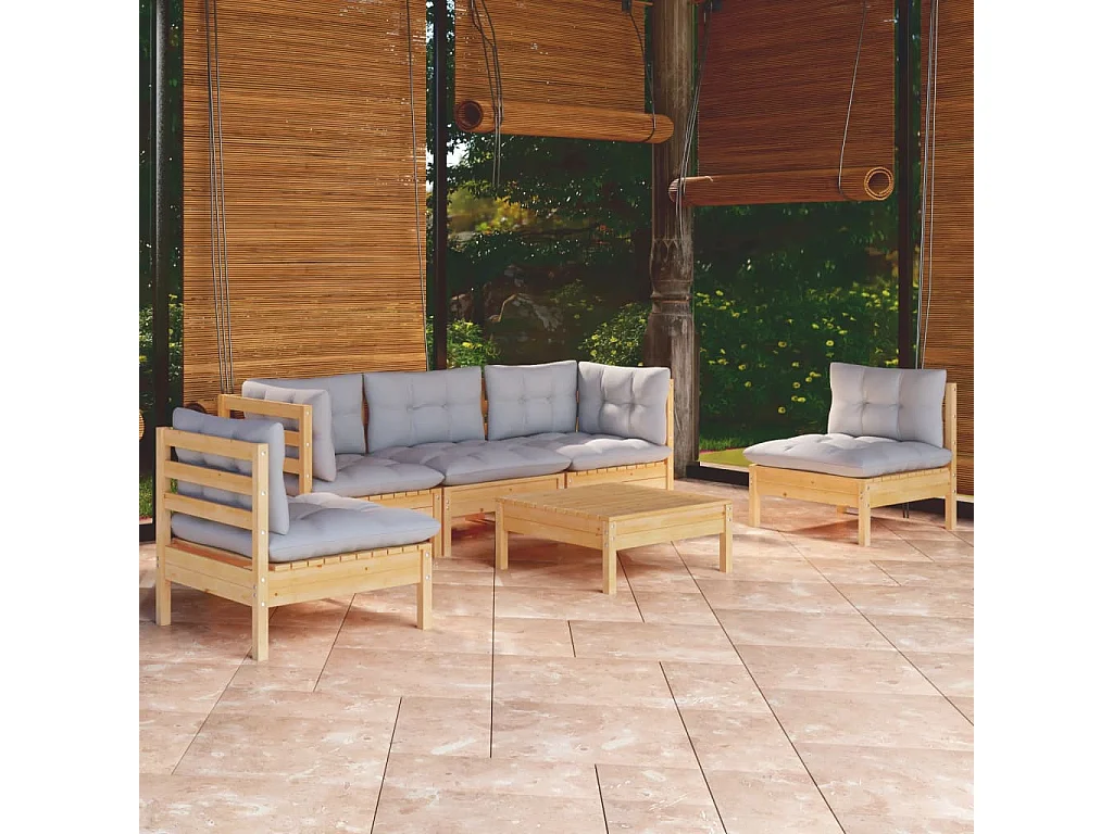 Salon de jardin 6 pcs avec coussins gris Bois de pin massif