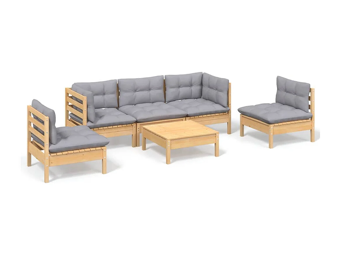 Salon de jardin 6 pcs avec coussins gris Bois de pin massif