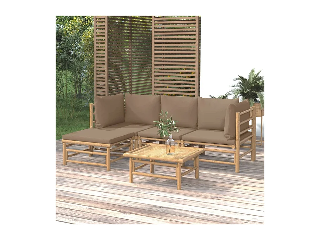 5 pcs conj. lounge jardim bambu almofadões cinzento-acastanhado