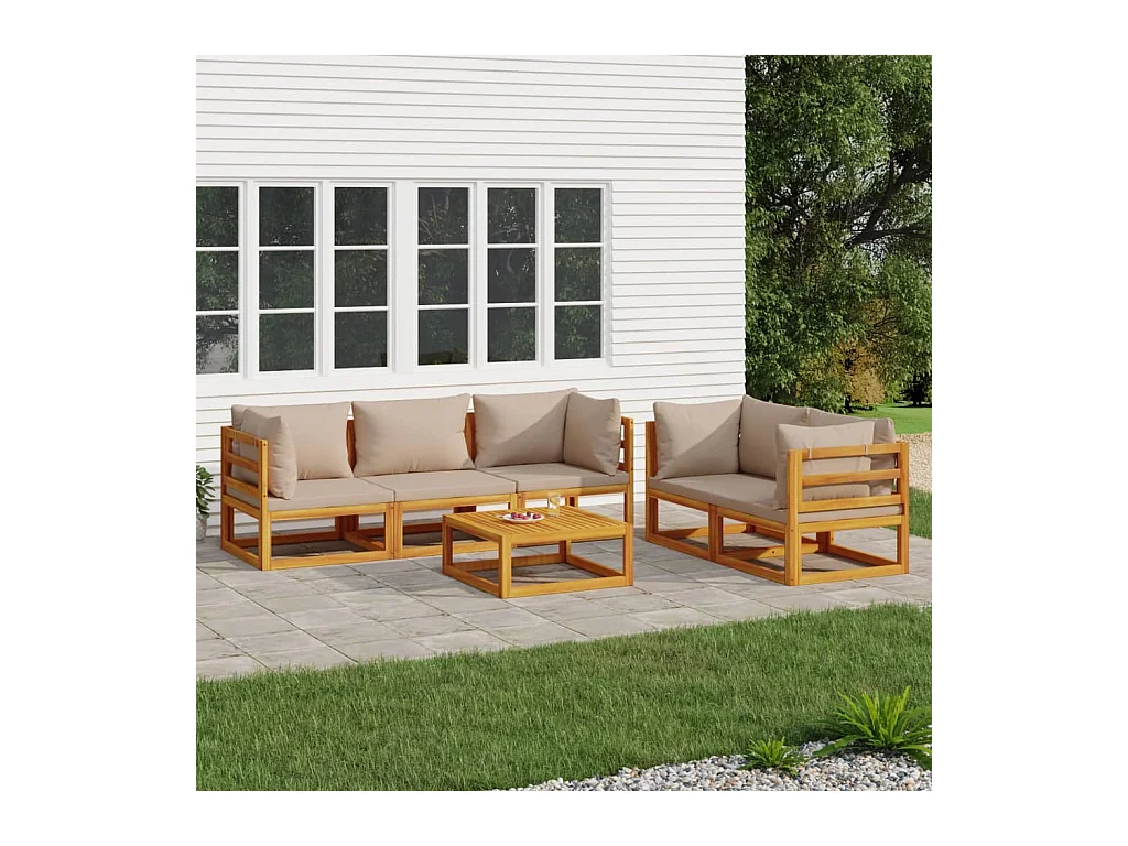 Salon de jardin 6 pcs avec coussins taupe bois massif
