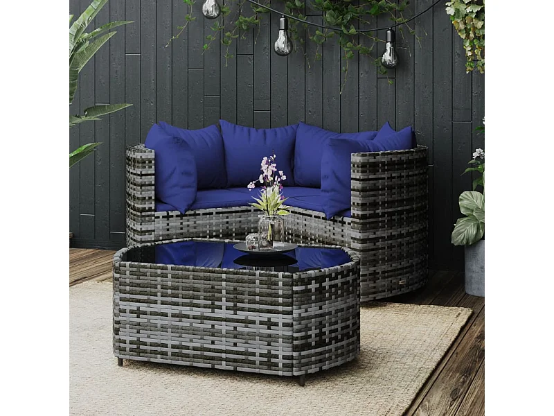 4-tlg. Garten-Lounge-Set mit Kissen Grau Poly Rattan