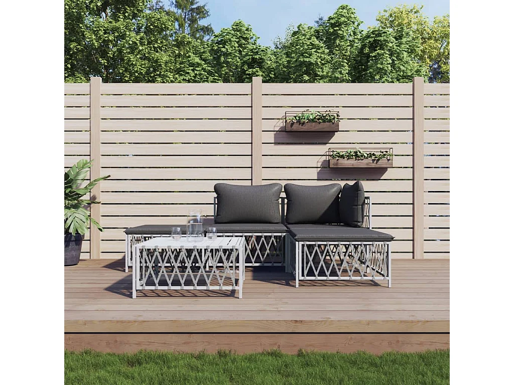 5 pcs conjunto lounge de jardim com almofadões aço branco