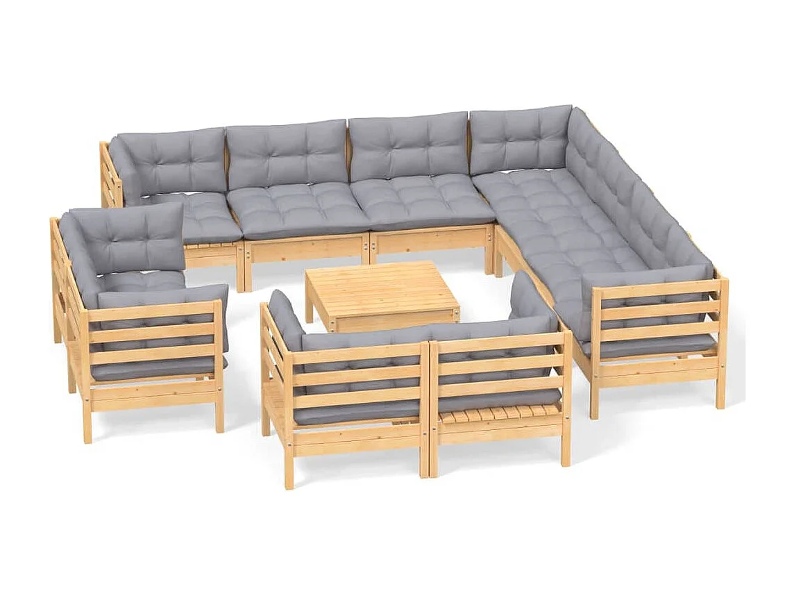 12-delige Loungeset met grijze kussens massief grenenhout
