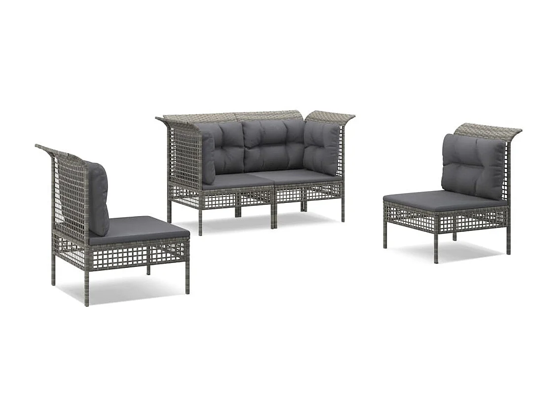 4 pcs conjunto lounge de jardim c/ almofadões vime PE cinzento