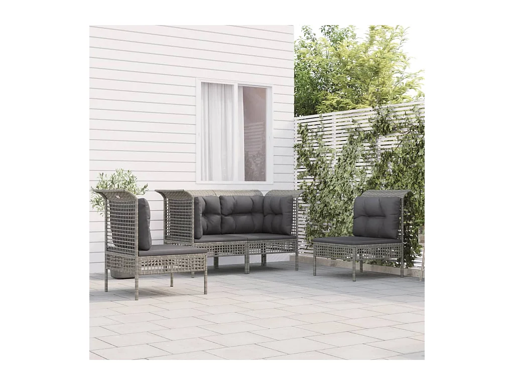 4-tlg. Garten-Lounge-Set mit Kissen Grau Poly Rattan