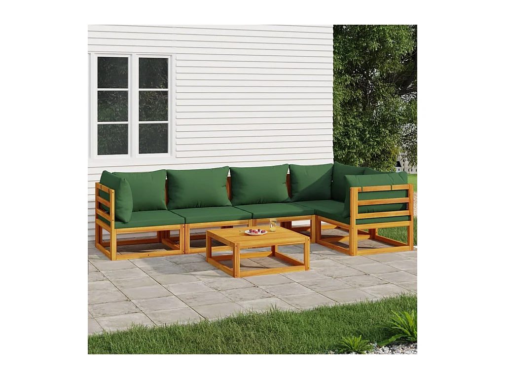 6-delige Loungeset met groene kussens massief hout