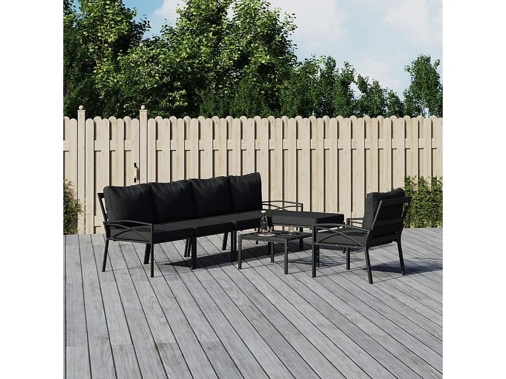 7 pcs conjunto lounge de jardim aço c/ almofadões cinzentos