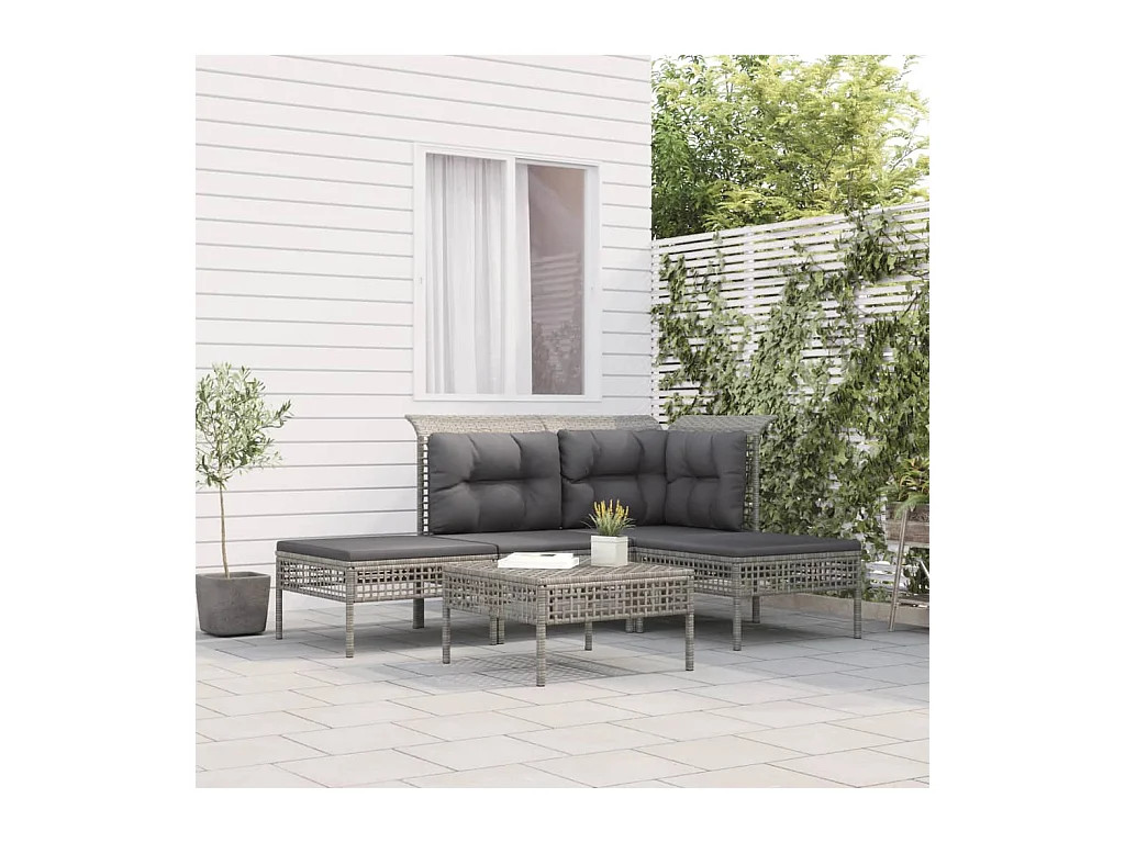 Salon de jardin 5 pcs avec coussins Gris Résine tressée