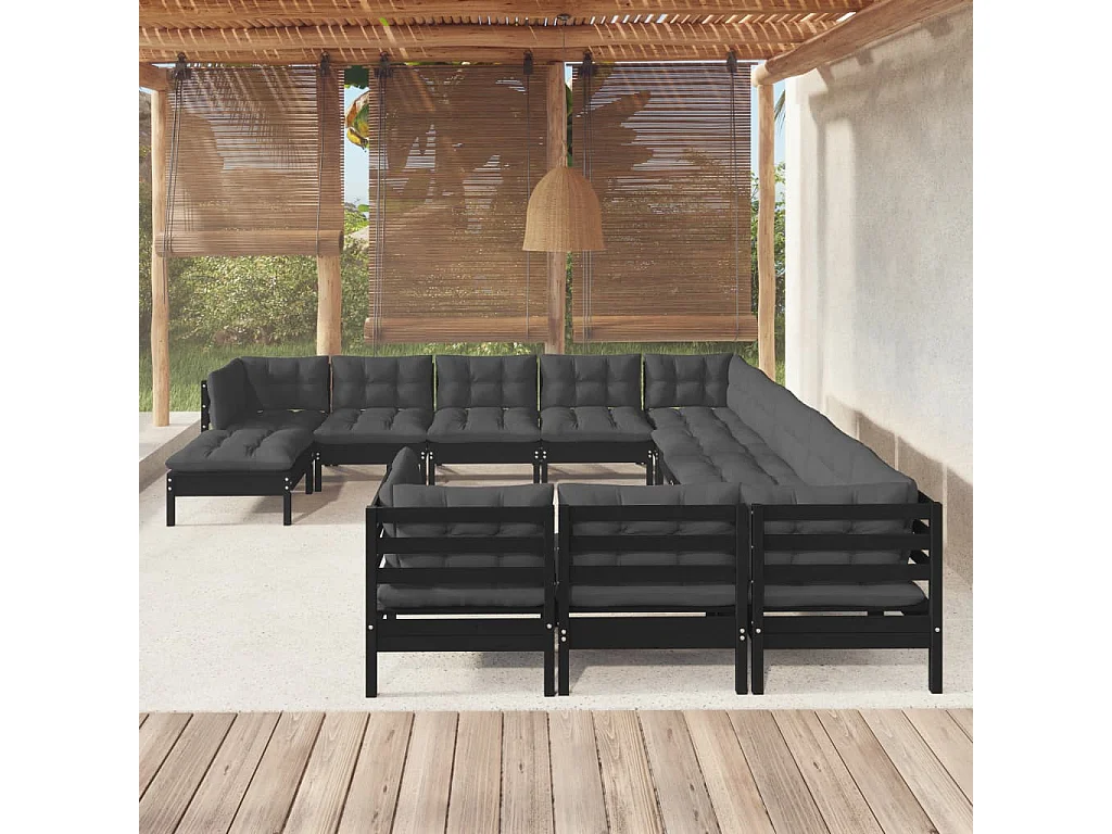 12-tlg. Garten-Lounge-Set mit Kissen Schwarz Kiefernholz
