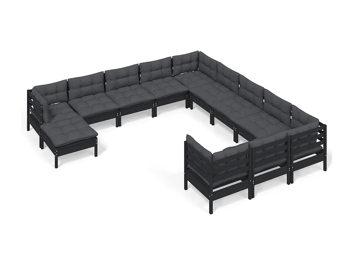 12-tlg. Garten-Lounge-Set mit Kissen Schwarz Kiefernholz