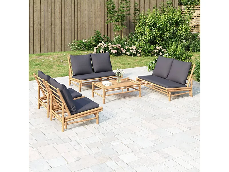 5 pcs conjunto lounge jardim bambu c/ almofadões cinza-escuro