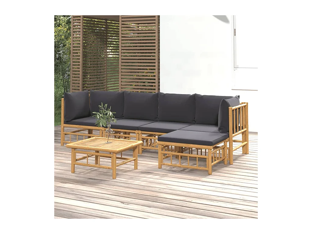 Salon de jardin 6 pcs avec coussins gris foncé bambou