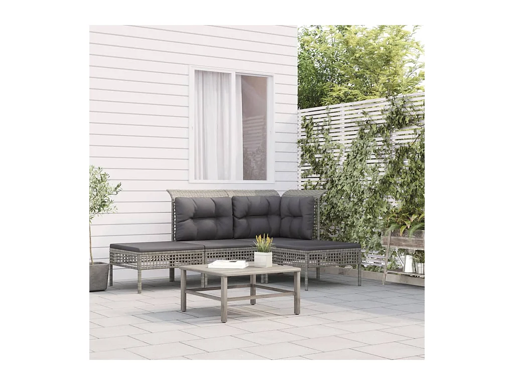 4-tlg. Garten-Lounge-Set mit Kissen Grau Poly Rattan