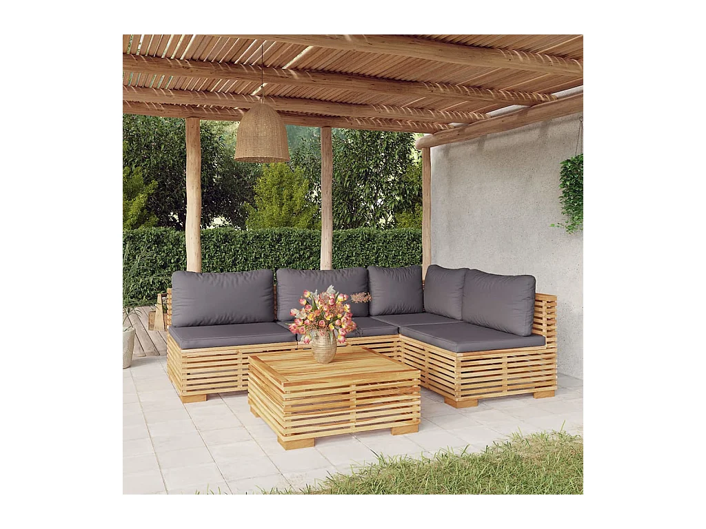 Juego muebles de jardín 5 piezas y cojines madera maciza teca