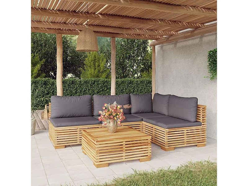 5 pcs conjunto lounge jardim c/ almofadões madeira teca maciça
