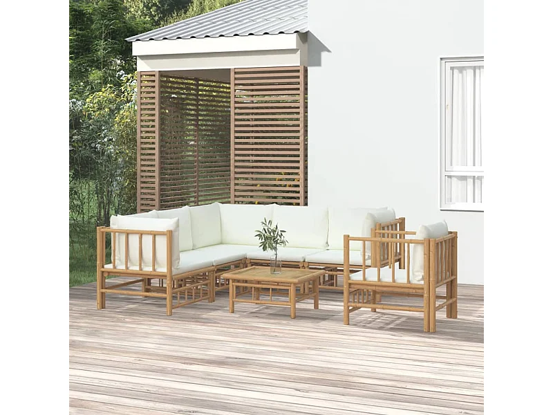 Salon de jardin 7 pcs avec coussins blanc crème bambou