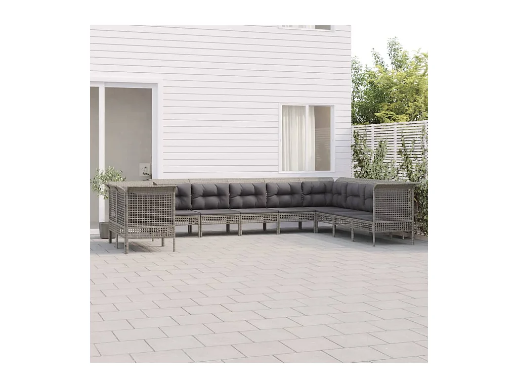 Salon de jardin 10 pcs avec coussins Gris Résine tressée