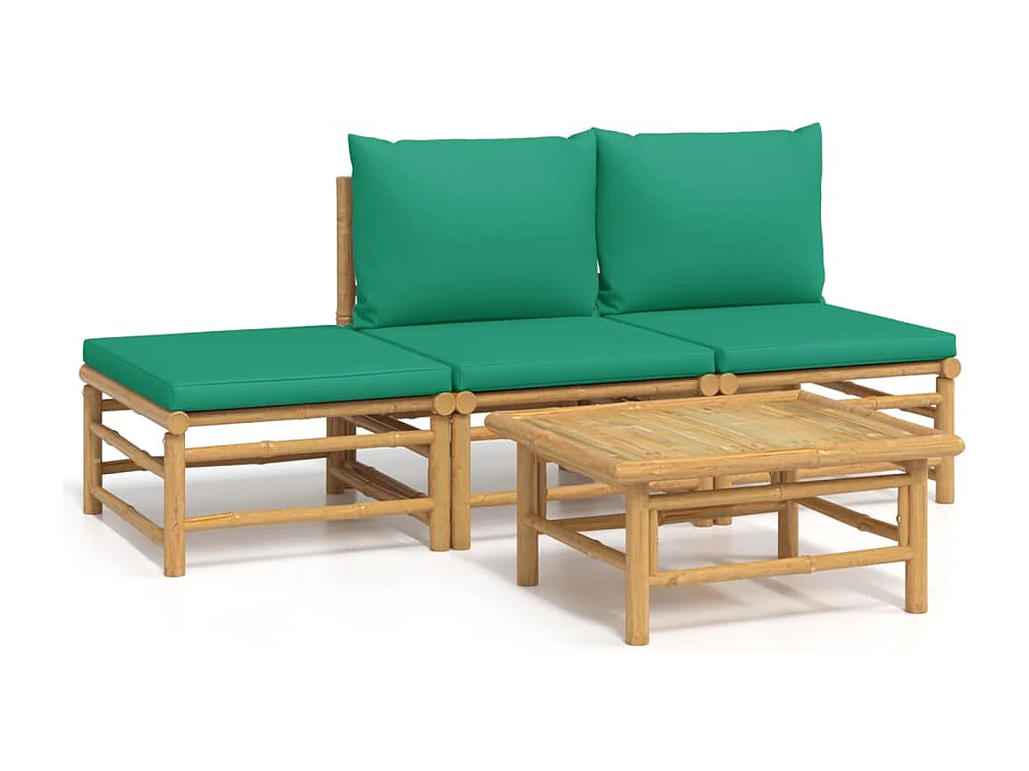 4-tlg. Garten-Lounge-Set mit Grünen Kissen Bambus