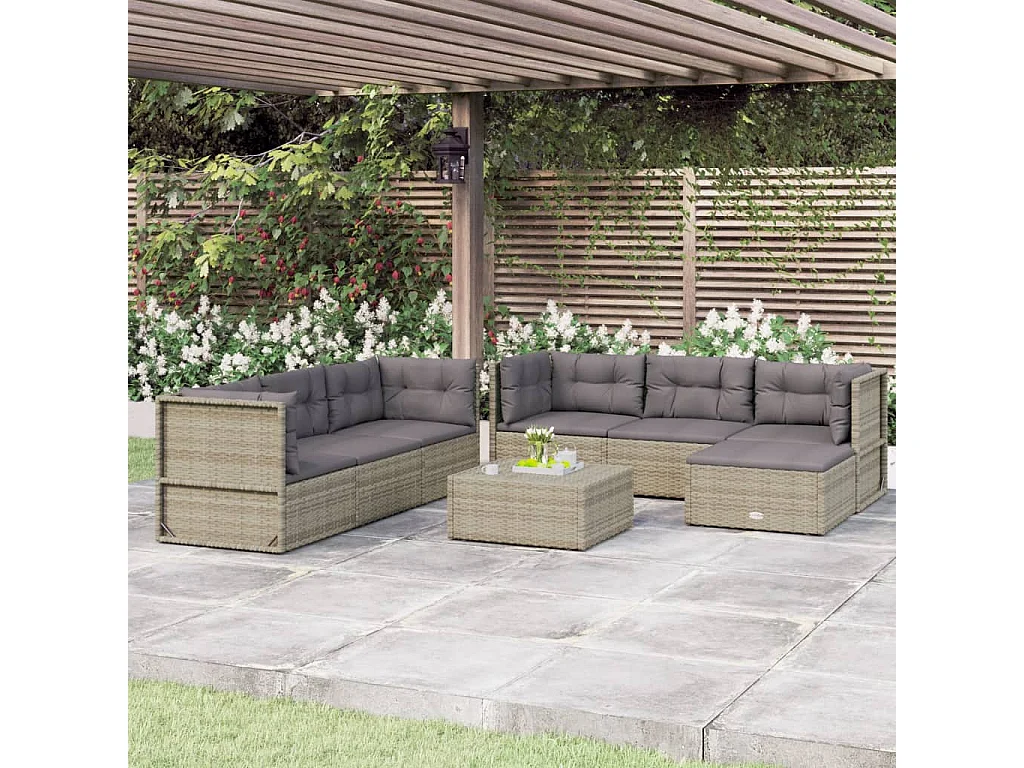 7 pcs conjunto lounge de jardim c/ almofadões vime PE cinzento