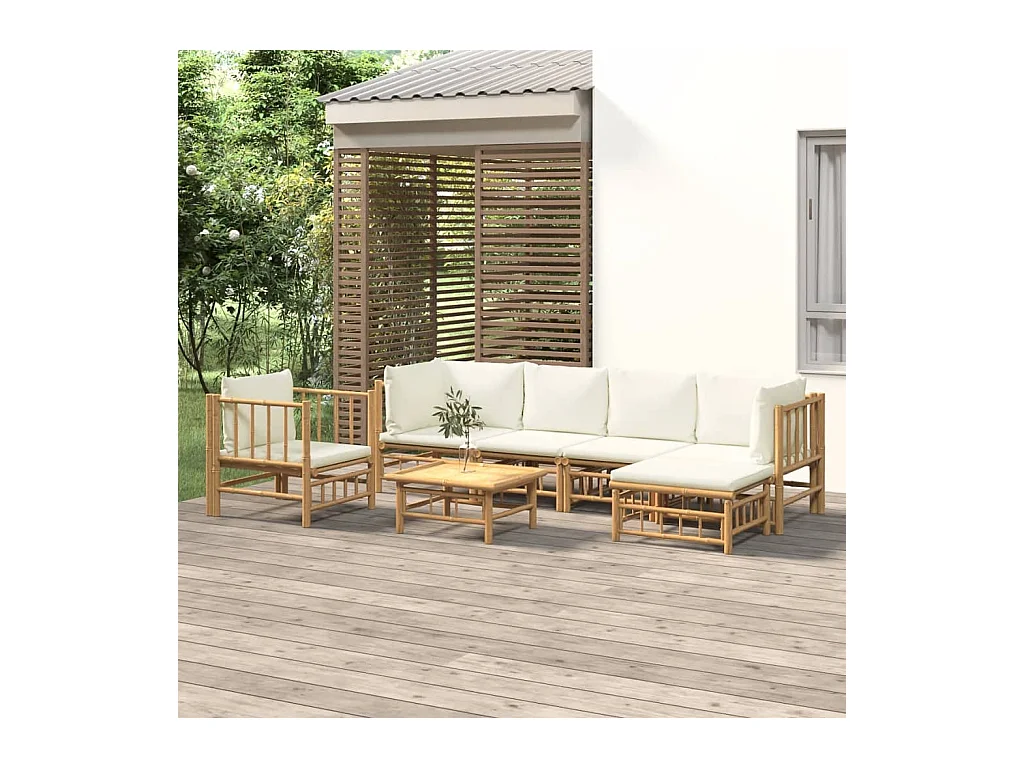 Salon de jardin 7 pcs avec coussins blanc crème bambou