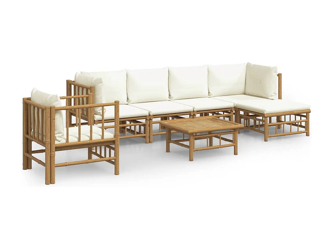 Salon de jardin 7 pcs avec coussins blanc crème bambou