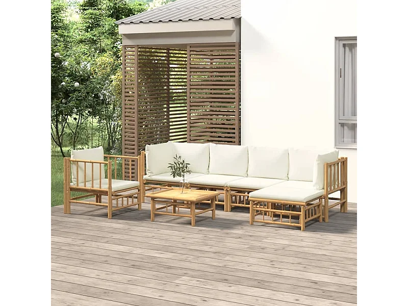 Salon de jardin 7 pcs avec coussins blanc crème bambou