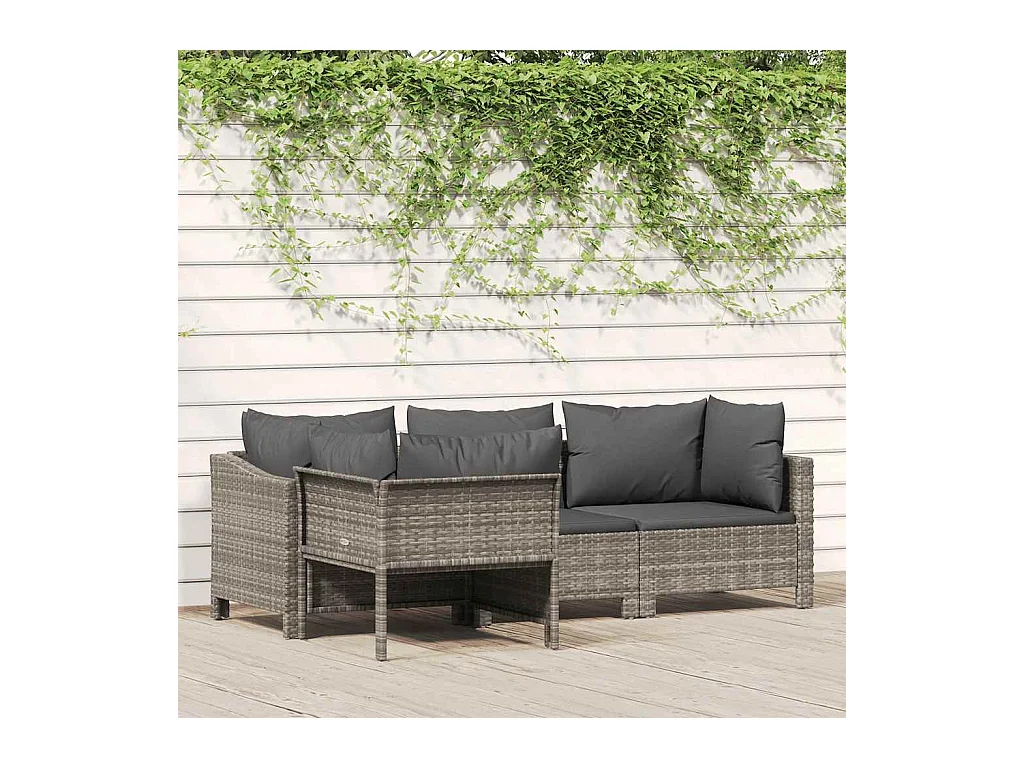 Salon de jardin 4 pcs avec coussins Gris Résine tressée