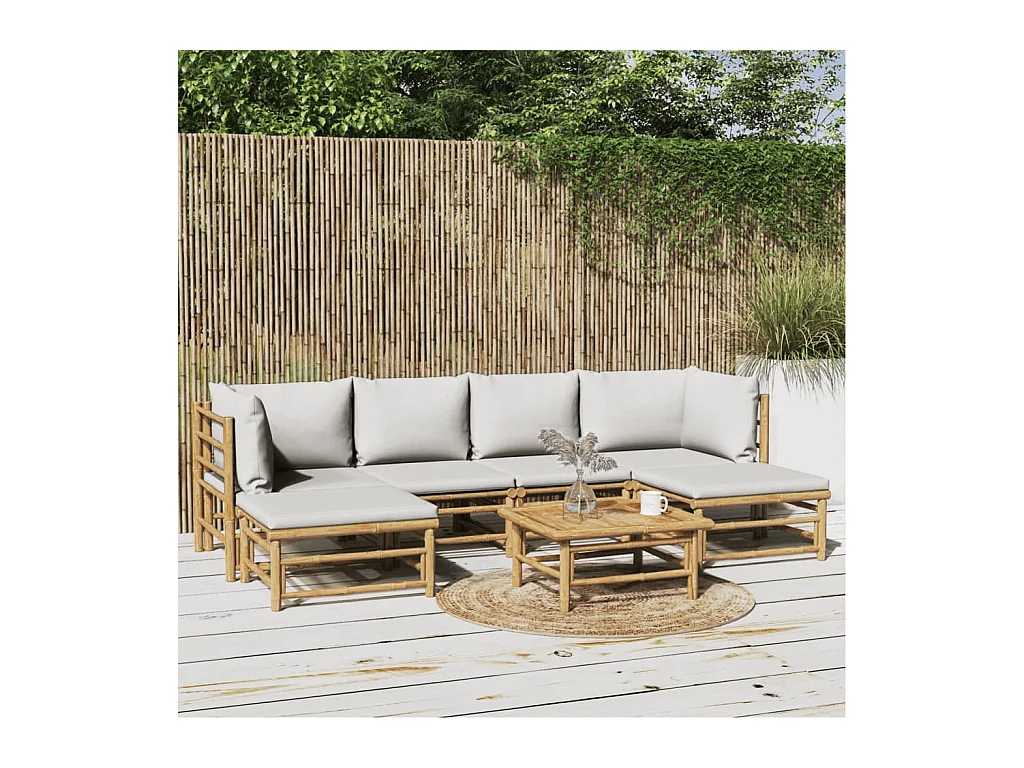 Salon de jardin 7 pcs avec coussins gris clair bambou