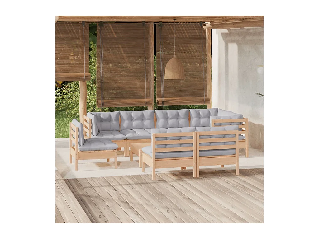 Set Divani da Giardino 9 pz con Cuscini Grigi Massello di Pino