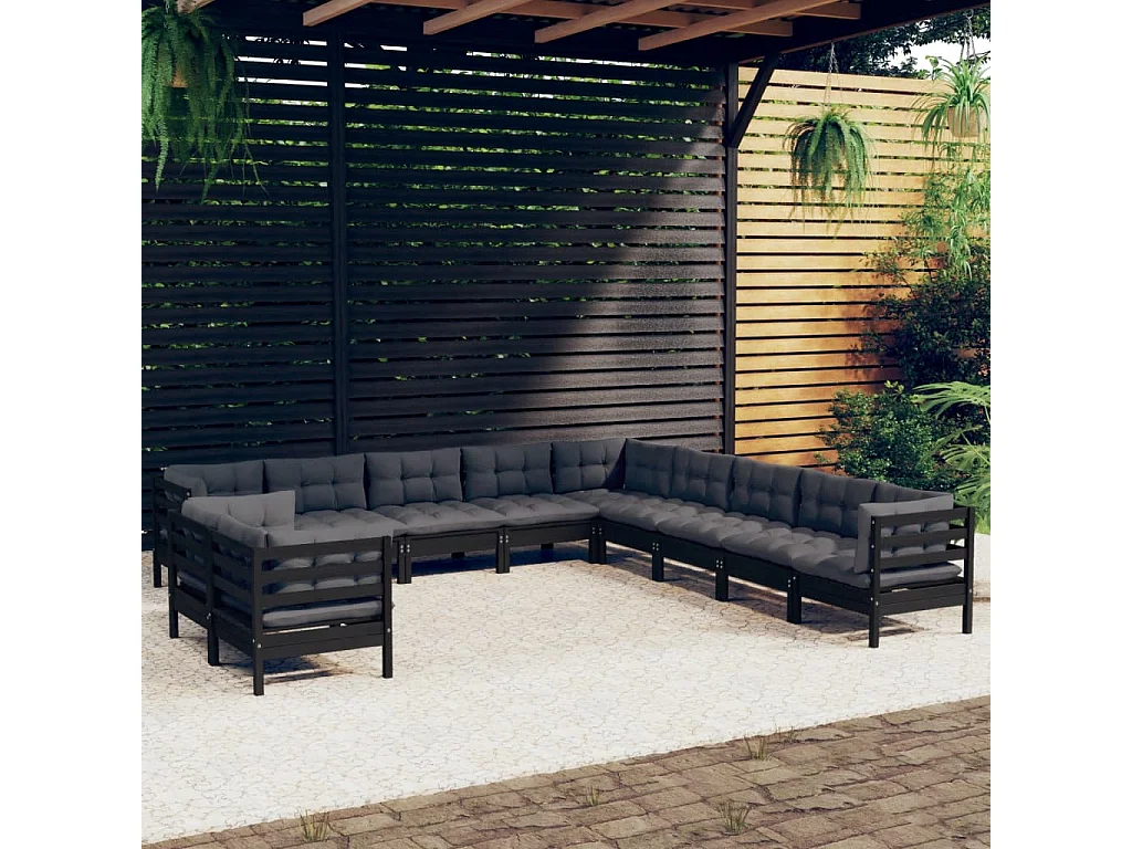 Set Divani da Giardino 11 pz con Cuscini Neri Massello di Pino