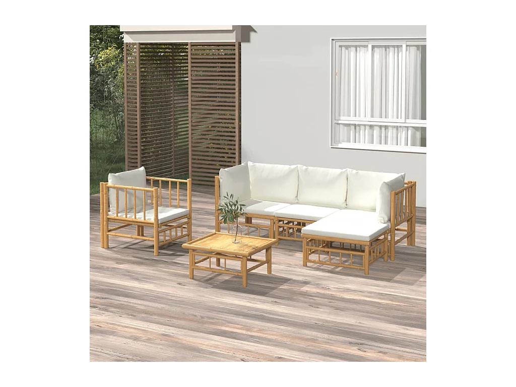 Set Salotto da Giardino 6pz con Cuscini Bianco Crema in Bambù