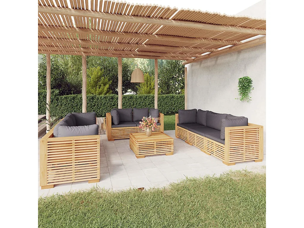 Salon de jardin 9 pcs avec coussins Bois de teck solide