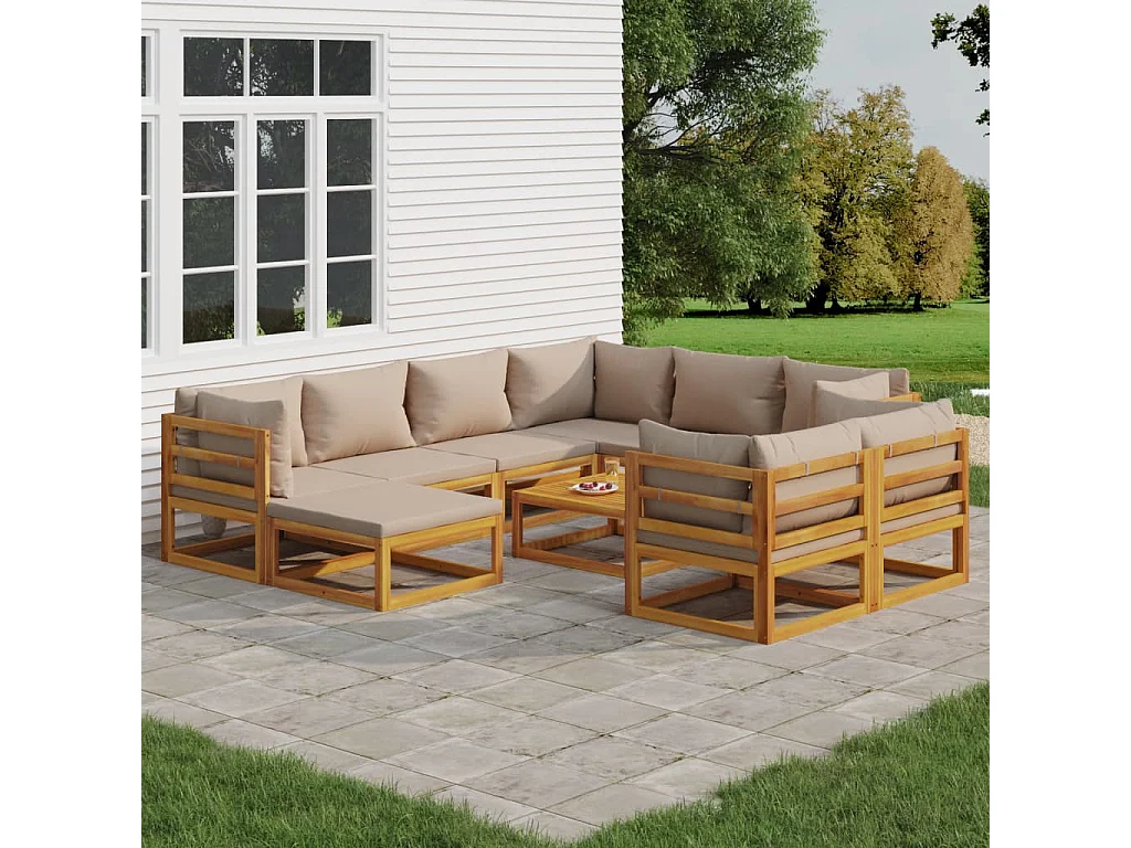 Salon de jardin 10 pcs avec coussins taupe bois massif