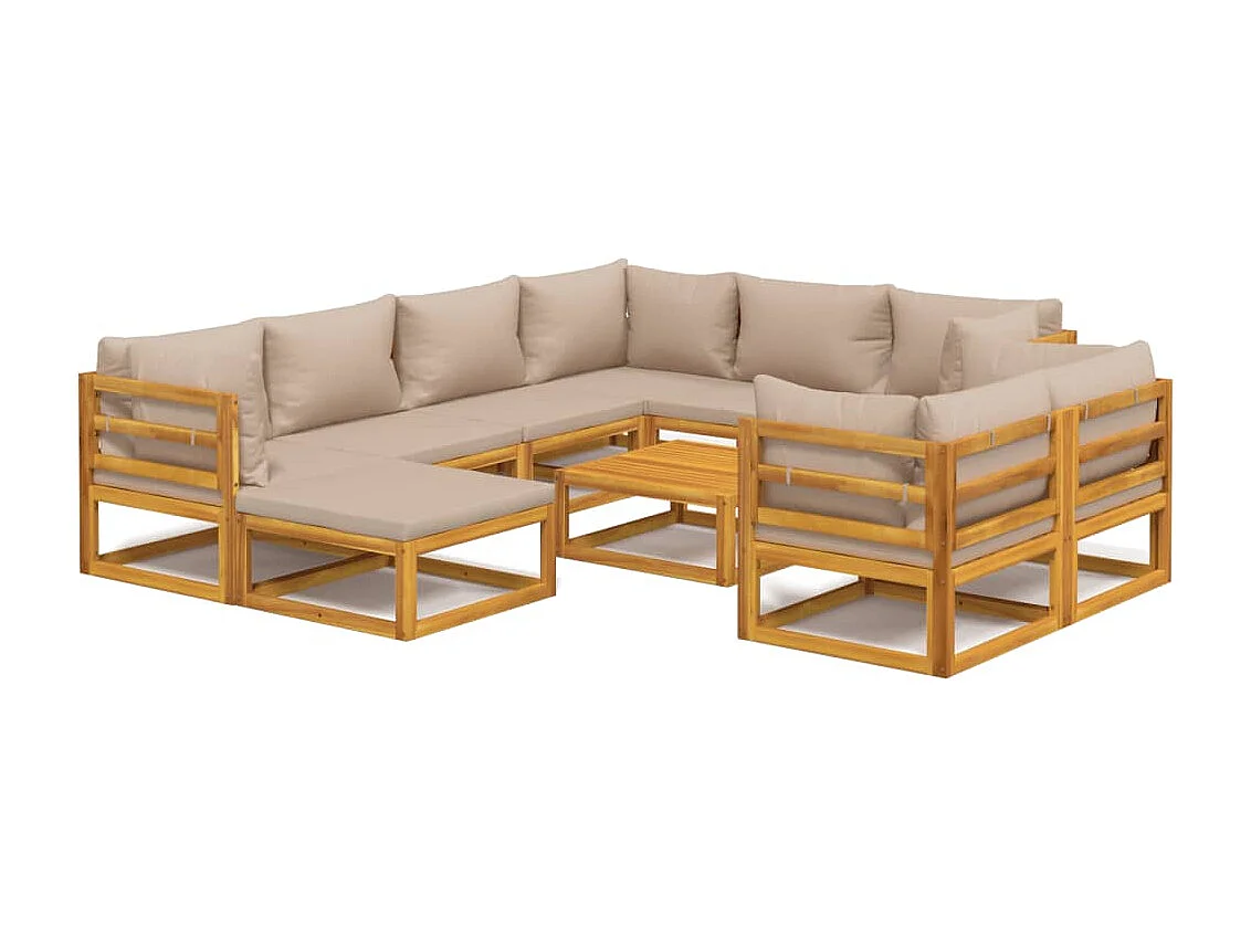Salon de jardin 10 pcs avec coussins taupe bois massif