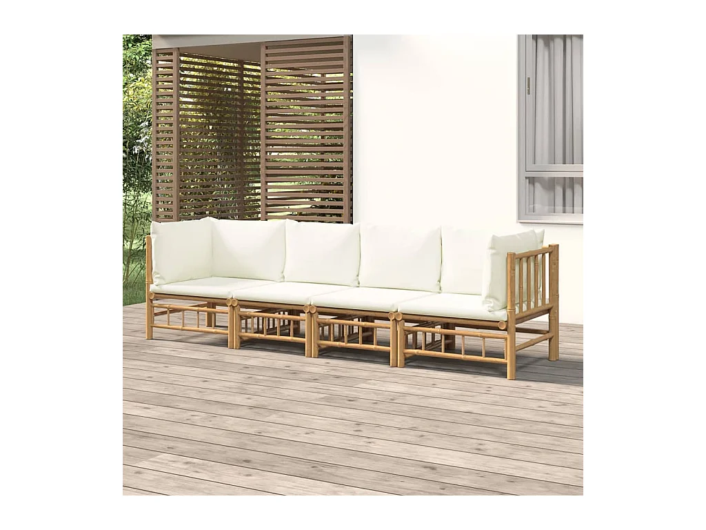 Set Salotto da Giardino 4pz con Cuscini Bianco Crema in Bambù