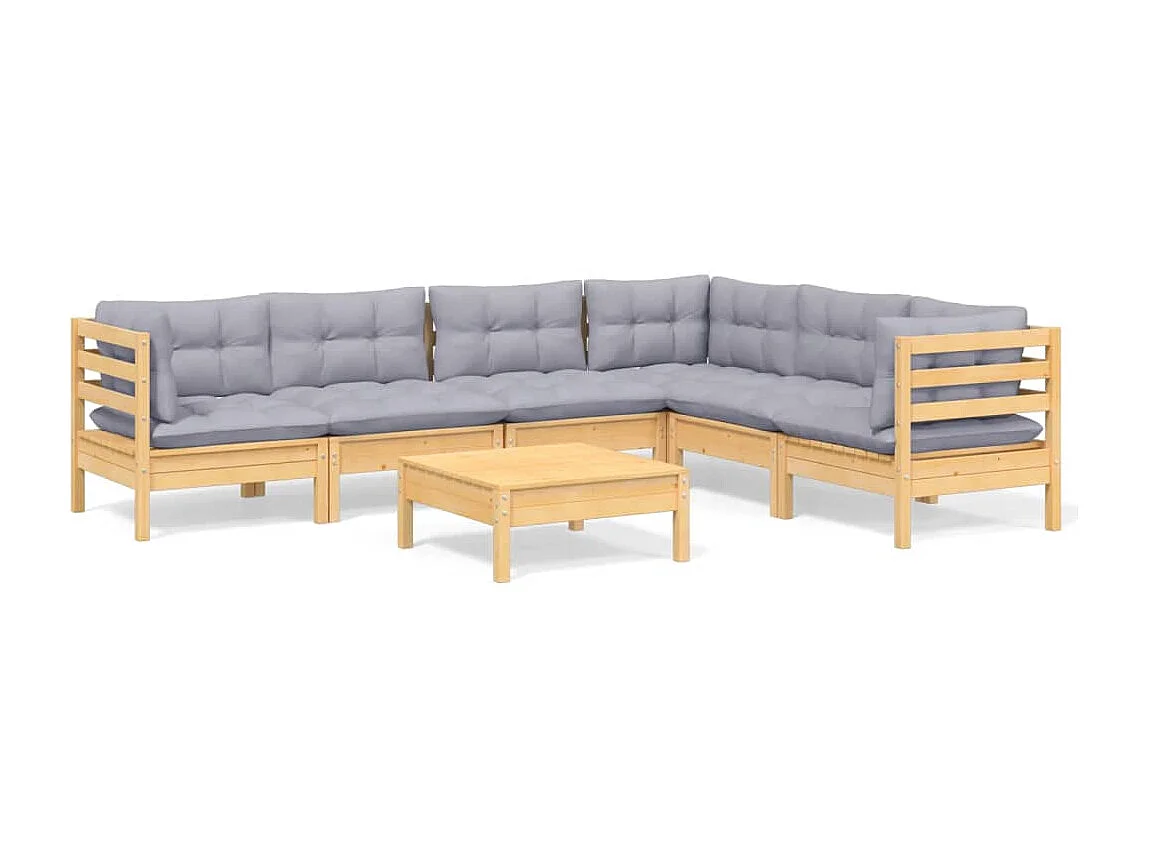 Set Divani da Giardino 7 pz con Cuscini Grigi Massello di Pino